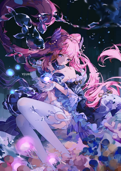 Anime girl with pink hair and purple eyes holding a glowing orb