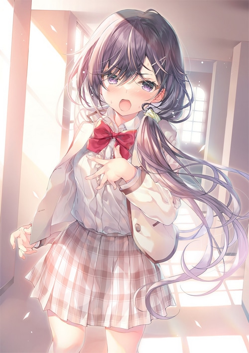 Anime schoolgirl in uniform with red bow
