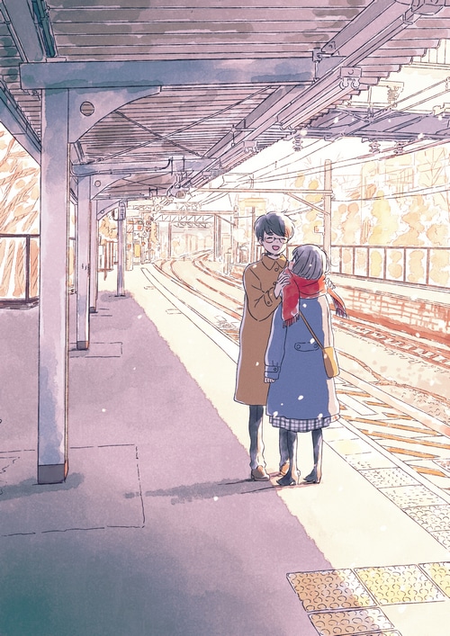 Anime couple at a train station
