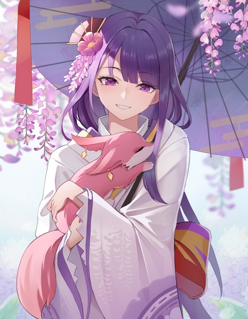 Raiden Shogun holding a pink fox with an umbrella