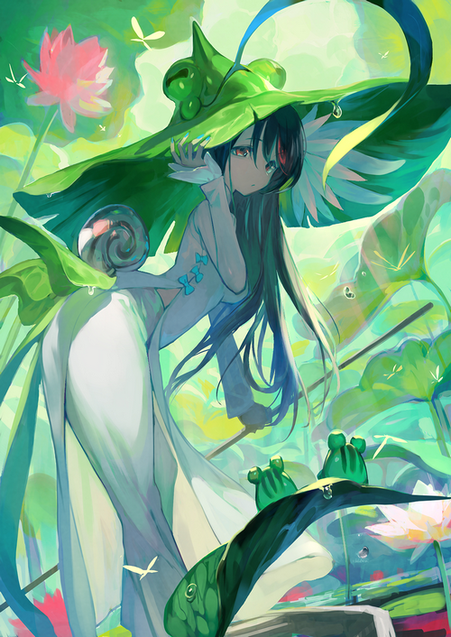 Girl in a lotus pond with frogs and plants