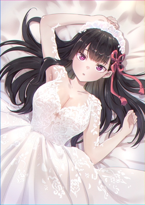 Anime girl in wedding dress with red eyes