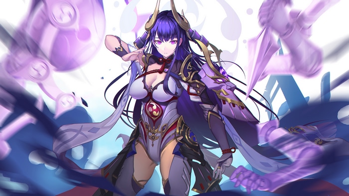 Raiden Shogun from Genshin Impact with purple hair and eyes