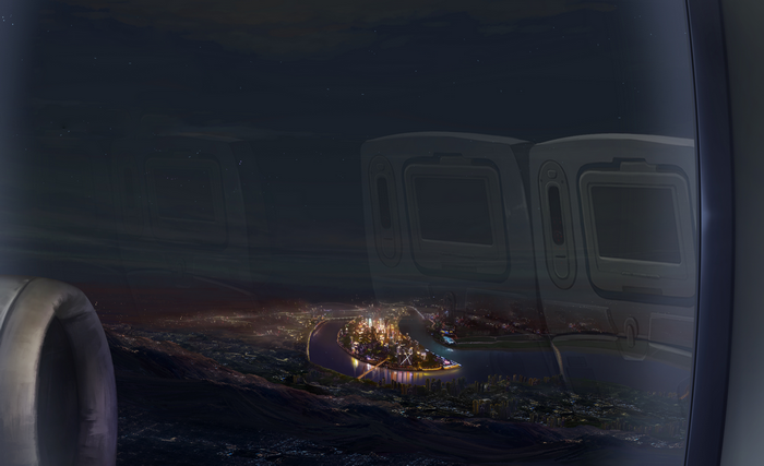 Airplane window view of a city at night