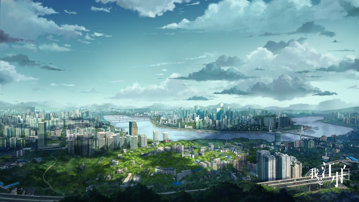 4K cityscape with river and clouds