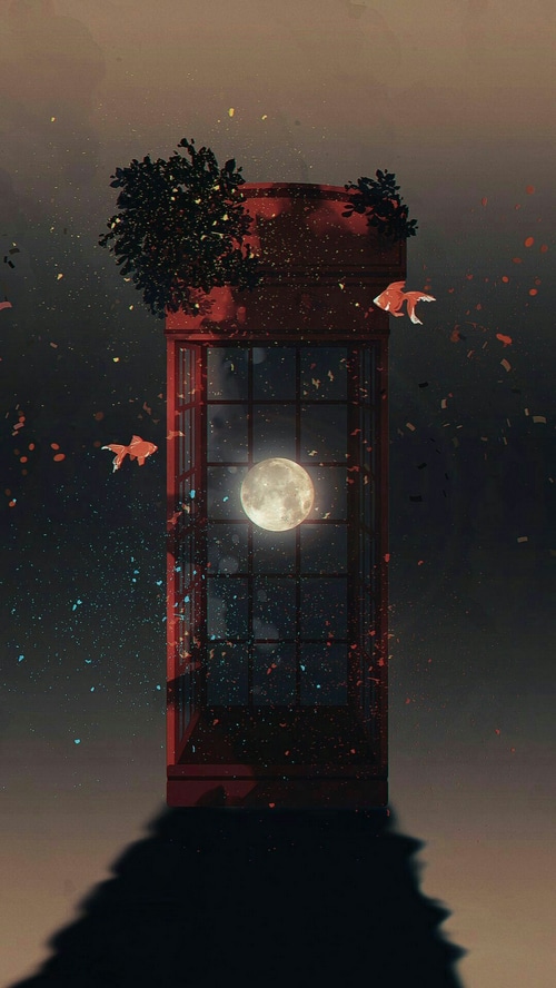 Red phone box with moon and fish