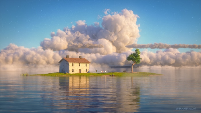 Spirited Away island house with tree and clouds