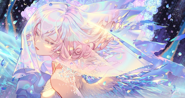 Fantasy girl with iridescent veil and crystal wings