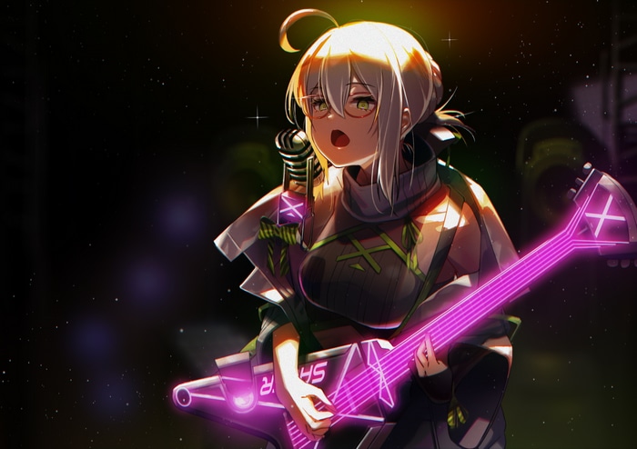 Mysterious Heroine X Alter plays a V-shaped guitar