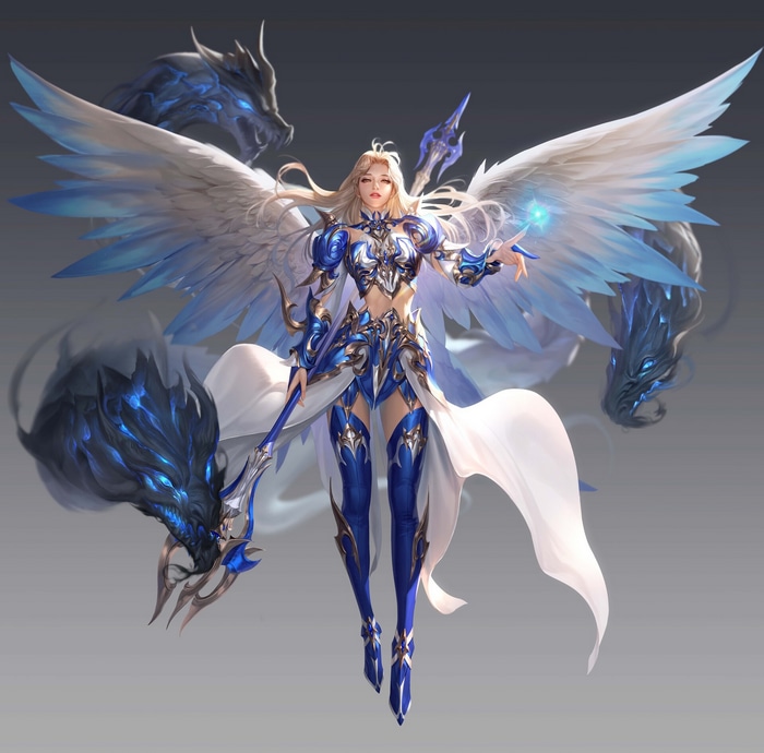 Angel warrior with blue dragons and staff