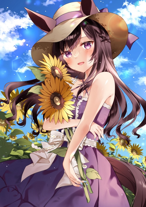 Mejiro Dober holding sunflowers in a field