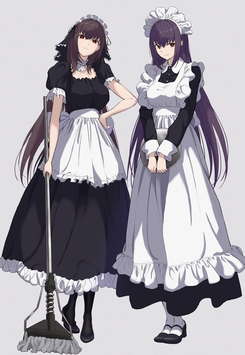 Two anime maids, one holding a mop