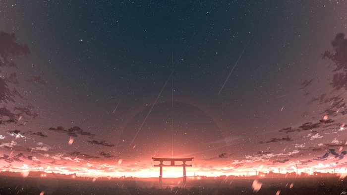 Torii gate under a starry night sky with shooting stars