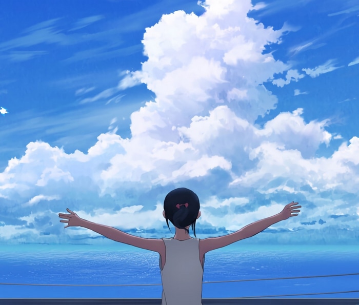 Anime girl with arms outstretched overlooking the sea