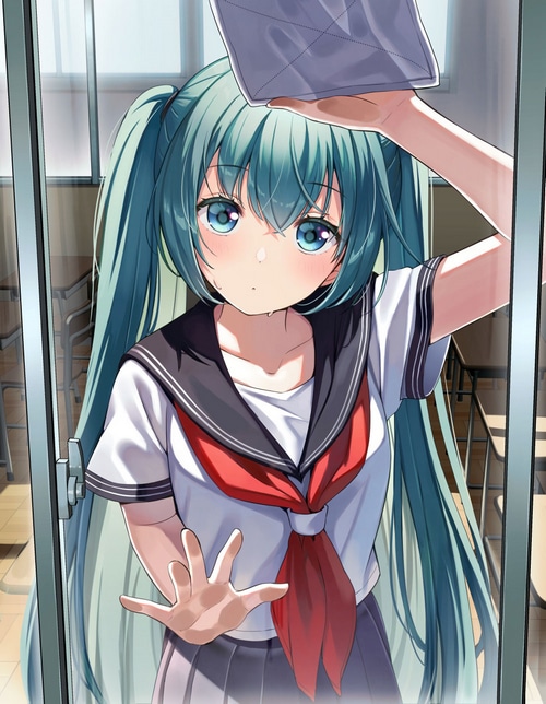 Hatsune Miku in a school uniform against glass