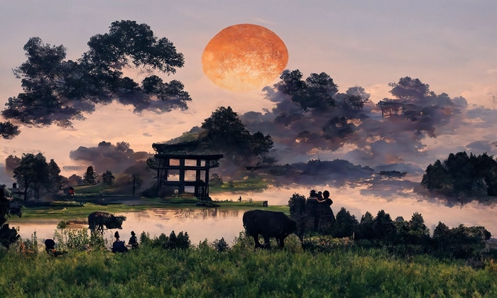 Orange sun over a misty landscape with trees and water