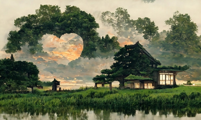 A Japanese house nestled among trees with a heart-shaped opening in the clouds