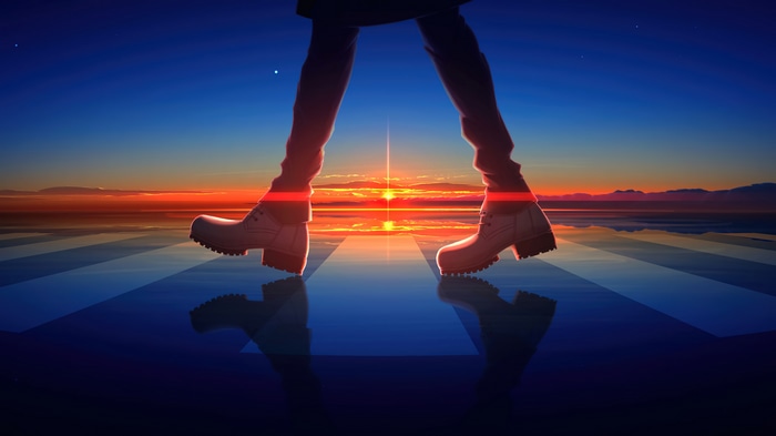 4K anime sunset with walking figure and reflection