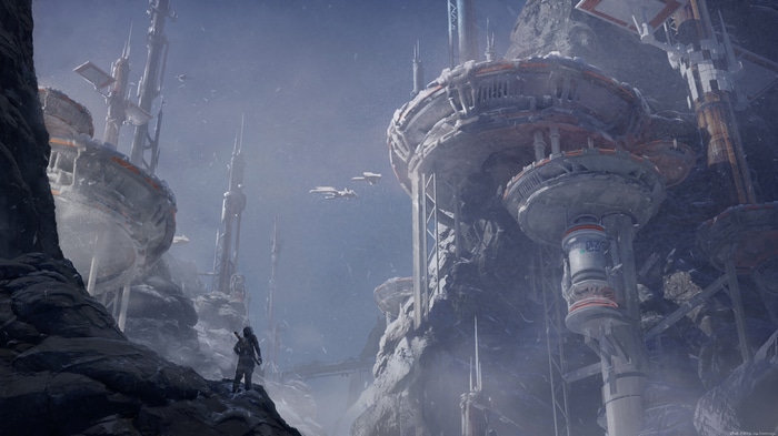 Futuristic science fiction city on a snowy planet