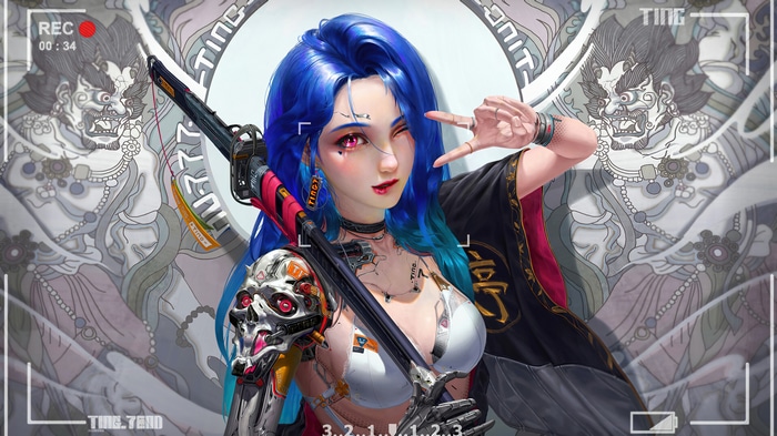 Cyberpunk girl with blue hair and sword