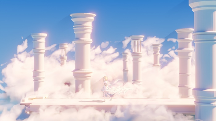 Lumine (Genshin Impact) among clouds and pillars