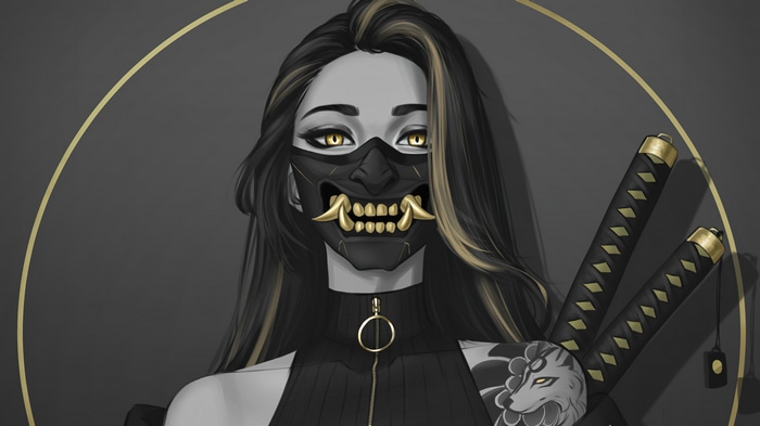 4K Oni Mask Woman with Katanas and Tattoo
