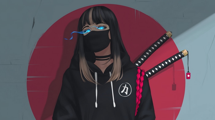 Girl with glowing eyes and katanas