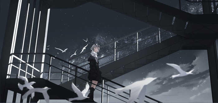 Anime girl on stairs with flying birds at night