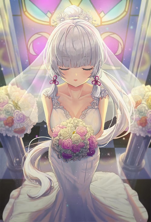 Kamisato Ayaka in a wedding dress holding flowers