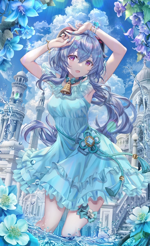 Ganyu from Genshin Impact in a blue dress with water elements