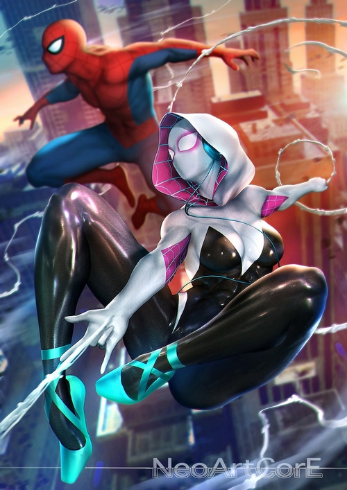 Spider-Man and Spider Gwen swinging through a city