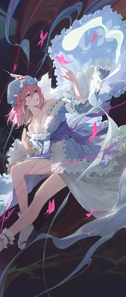 Saigyouji Yuyuko from Touhou with pink hair and butterflies