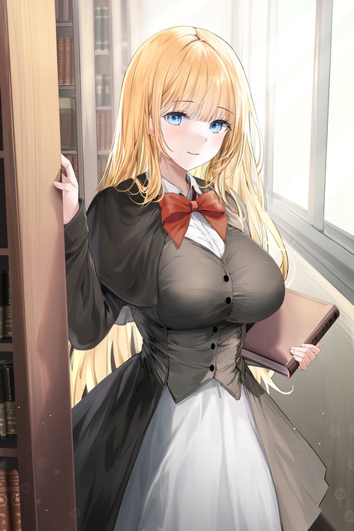 4K blonde girl with blue eyes in library