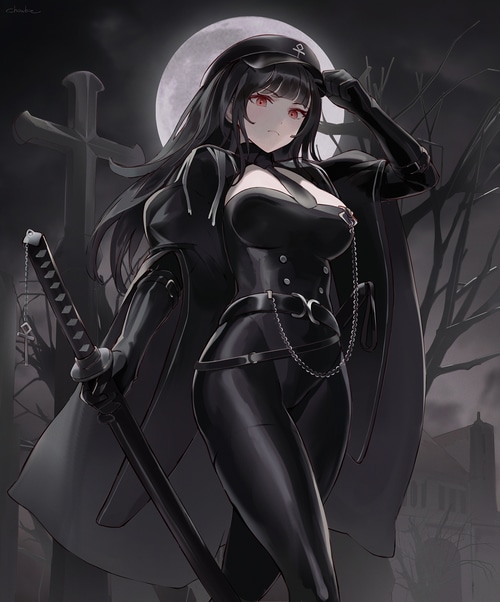 Anime girl with katana and red eyes under the moon