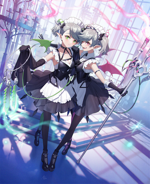 Ariane the Labrynth Servant, gray hair, fan art, twins, twintails, Yu ...