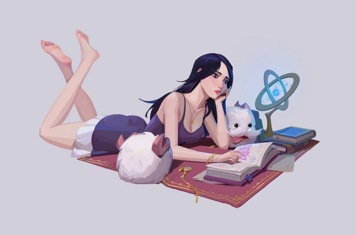 Caitlyn from League of Legends with Poro and a magical device