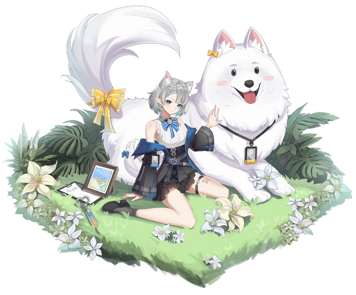 Girl with animal ears and a Samoyed dog