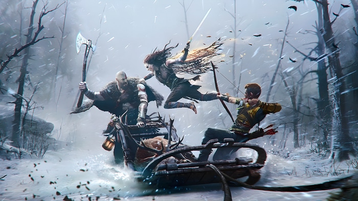 God of War Ragnarök: Kratos, Freya, and Atreus in Sled