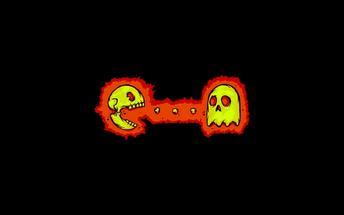 Pac-Man ghost and skull eating dots