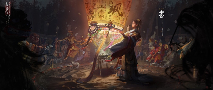 Fantasy girl painting a large lantern with people in costumes