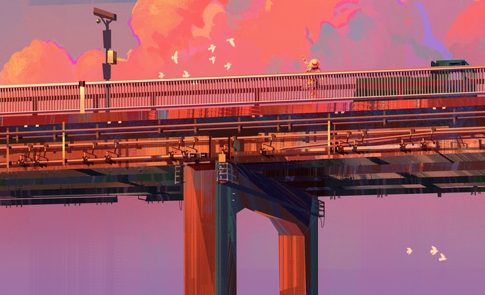 Digital painting of a bridge at sunset with birds