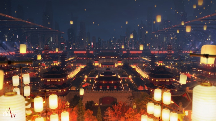 Night city with traditional buildings and lanterns