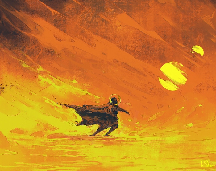 Astronaut walking on a planet with two suns