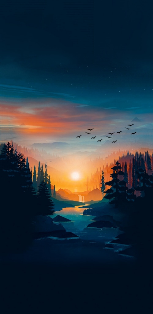 Sunset over a forest river with birds flying
