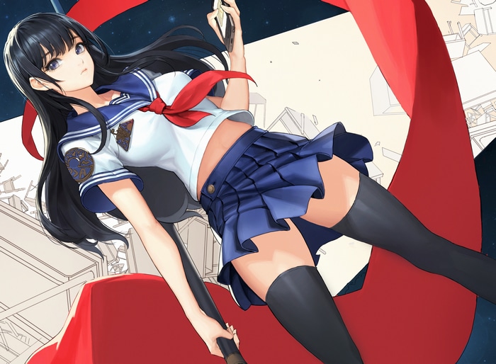 Schoolgirl in uniform with red scarf and thigh-highs