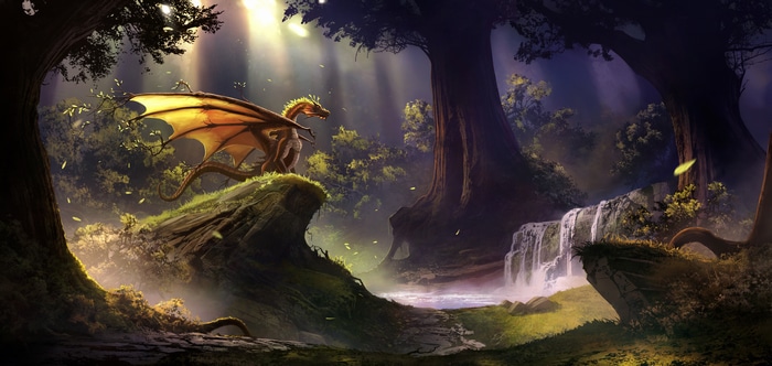 4K fantasy art of a dragon in a forest