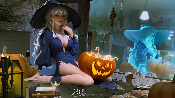Halloween Witch with Candy and Pumpkins