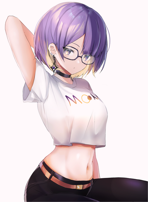Moona Hoshinova with purple hair wearing glasses and a crop top