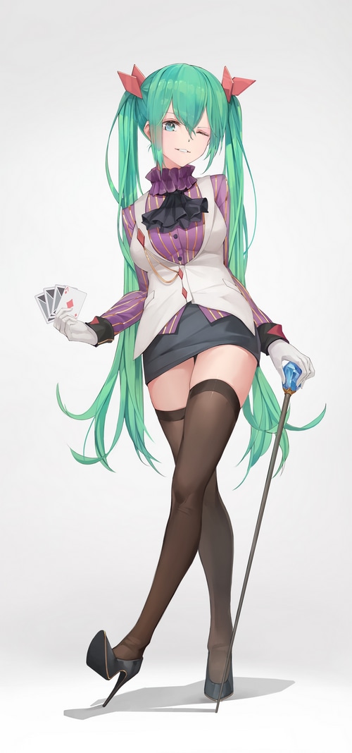 Hatsune Miku in a magician outfit holding cards