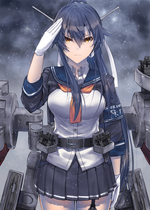 Yahagi from Kantai Collection salutes on a ship